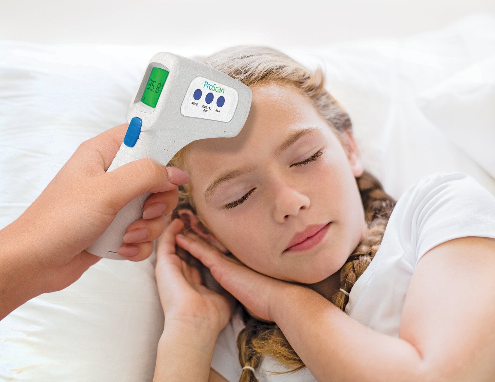 Physio Logic ProScan Non-Contact Infrared Thermometer - 3 in 1 Thermometer: Body, Room, Liquids and Surfaces Non-Contact Infrared Thermometer. Non-Contact up to 1- 2 in (3 cm - 5 cm) distance from forehead. This means a greatly reduced risk of contagion,