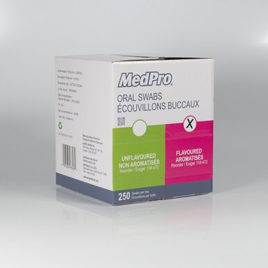 MedPro Oral Swabs - Medpro Oral Swabs are available with or without flavour. These oral swabs feature soft ridged foam tips to remove mucous and particles from patient’s mouth for better oral hygiene. Choose either unflavoured swabs or flavoured swabs wit