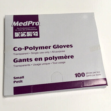 MedPro Co-Polymer Gloves - • High grade co-polymer film plastic• Latex free• Pull-out dispenser box• One size fits all• 100 per box, 20 boxes per case