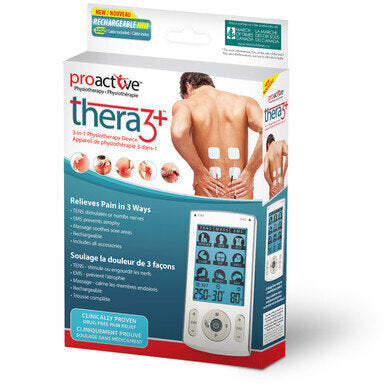 ProActive Thera3+ 3 in 1 TENS, EMS, Massage - Thera3+™ by ProActive™ is a 3-in-1 device that is rechargeable with 78 pre-set programs, along with the ability to fully customize treatment options. It has a large, easy-to-read LCD and includes all accessori