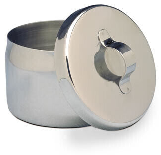 AMG Ointment Jar Cover - Made of stainless steel, this ointment jar has a 1/4 qt. (0.24 litre) capacity.Diameter: 3 1/4” (8.25 cm)Height: 2 1/2” (6.35 cm)Cleaning and care instructions