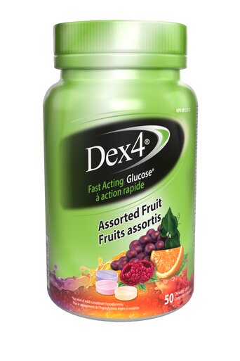 Dex4 Glucose Tablet Bottles (50 tablets) - Dex4® provides FAST and EFFECTIVE relief of mild to moderate hypoglycemia with a variety of great tasting flavours. Dex4 offers choice and convenience with 4 grams of glucose per tablet that are easy to chew and