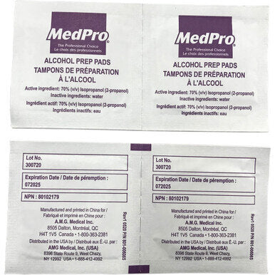 MedPro Alcohol Prep Pads - These Alcohol Prep Pads are saturated with 70% isopropyl alcohol. • Medium size pads• Individually packed• 200 per box Active ingredient : 70% (v/v) Isopropanol (2-propanol) Inactive ingredients : water
