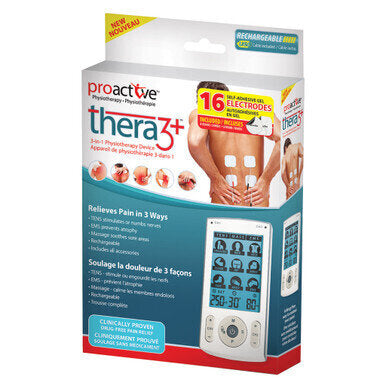 ProActive Thera3+ TENS Bundle - Thera3+™ by ProActive™ is a 3-in-1 (TENS, EMS & massage) device is rechargeable with 78 pre-set programs along with the ability to fully customize treatment options. It has a large, easy-to-read LCD and includes all accesso