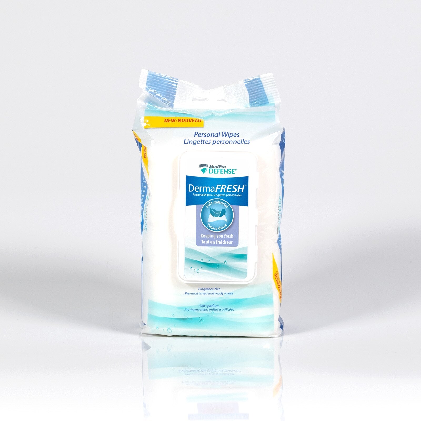 MedPro Defense DermaFRESH Fragrance-free Personal Wipes - The gentle, effective hygiene & skin care solution.• Fragrance-free• No rinse required • Pre-moistened and ready to use• Super-soft fabric• Aloe-free• Resealable dispenser pack• Washcloth Size: 8”