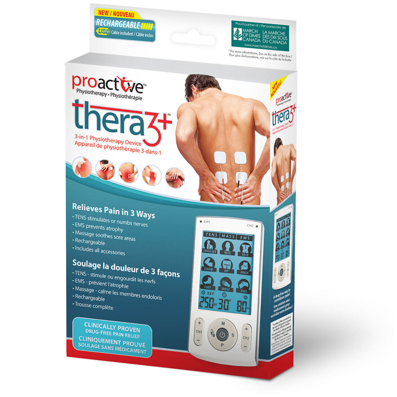 ProActive Thera3+ 3 in 1 TENS, EMS, Massage - Thera3+™ by ProActive™ is a 3-in-1 device that is rechargeable with 78 pre-set programs, along with the ability to fully customize treatment options. It has a large, easy-to-read LCD and includes all accessori