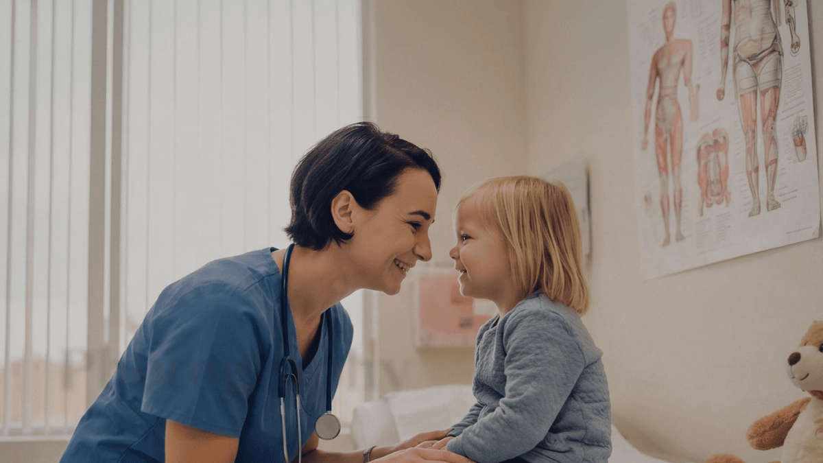 Doctor interacting with a young child in a medical office setting